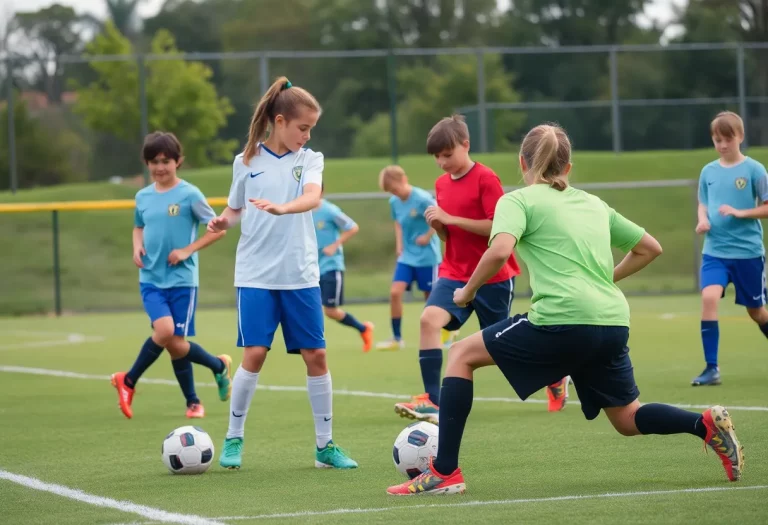 High school soccer players performing exercises to prevent injuries