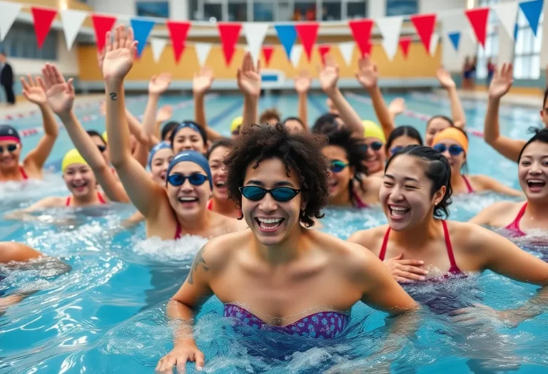 Indiana University swimming team celebrating in the pool