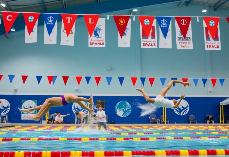 Swimmers diving into the pool during a championship event.