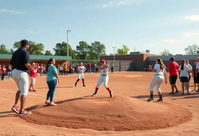 Softball players in action during a game at Kirkwood High School