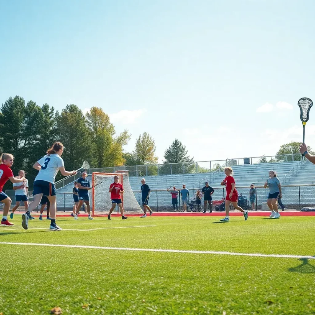 Players in action during a high school lacrosse game