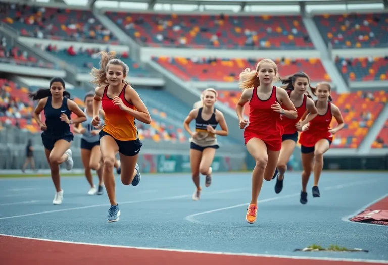 Lancaster High School girls' 4x100 meter relay team in action during a race.