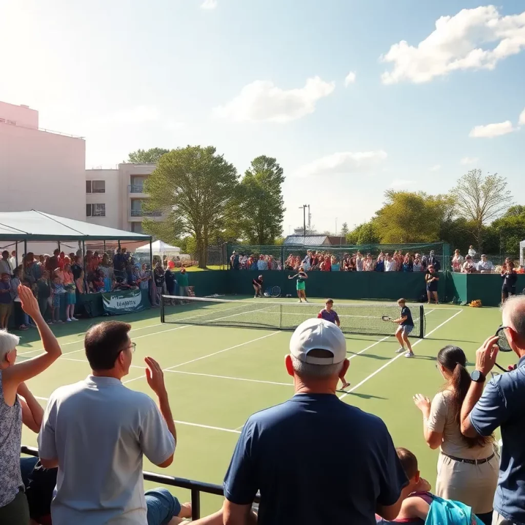 Libby High School tennis players during a match with sun shining and fans cheering.