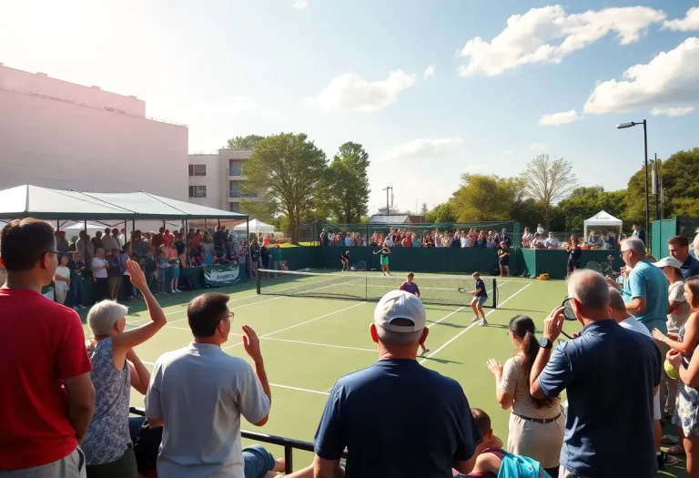 Libby High School tennis players during a match with sun shining and fans cheering.