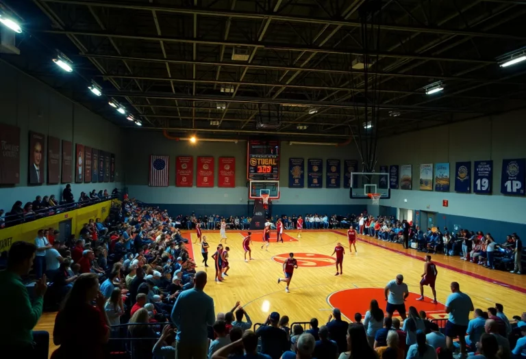 Students cheering for high school basketball teams during a tournament