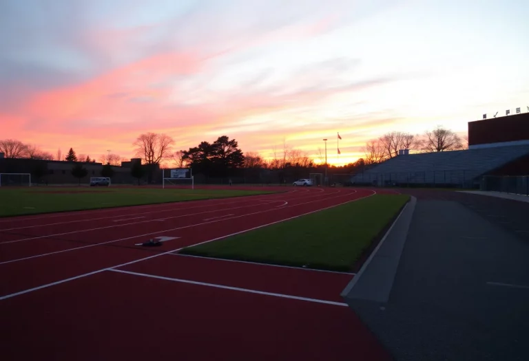 High school track field at sunset representing community remembrance