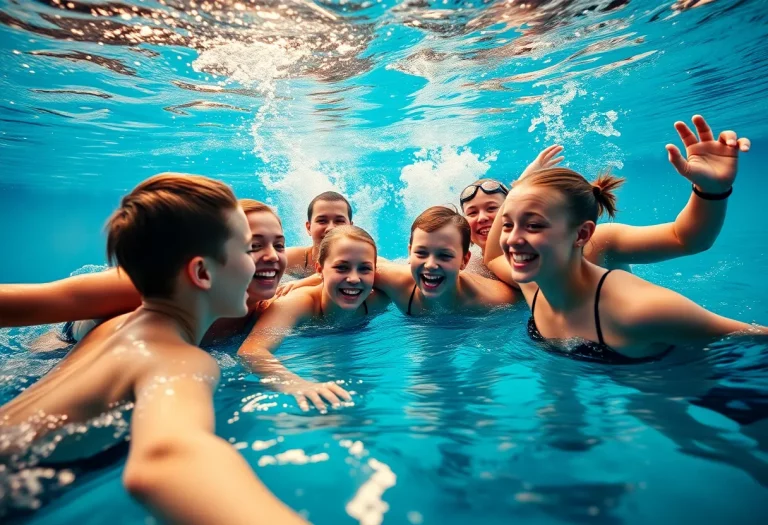 Marshall High School swim team practicing in the pool