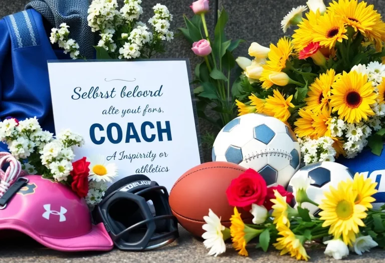 A colorful memorial with flowers and athletic equipment honoring a beloved coach