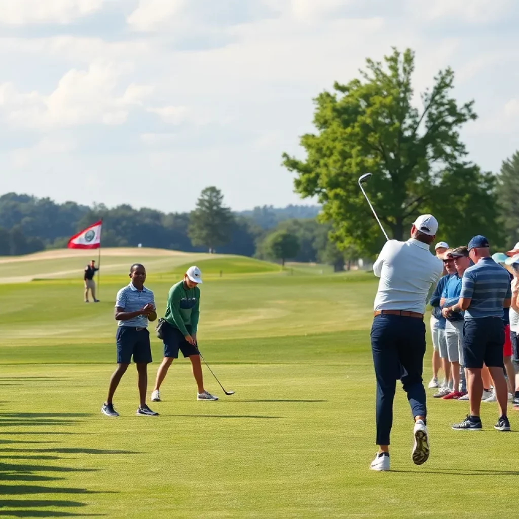 A vibrant scene of high school students playing golf during a tournament.