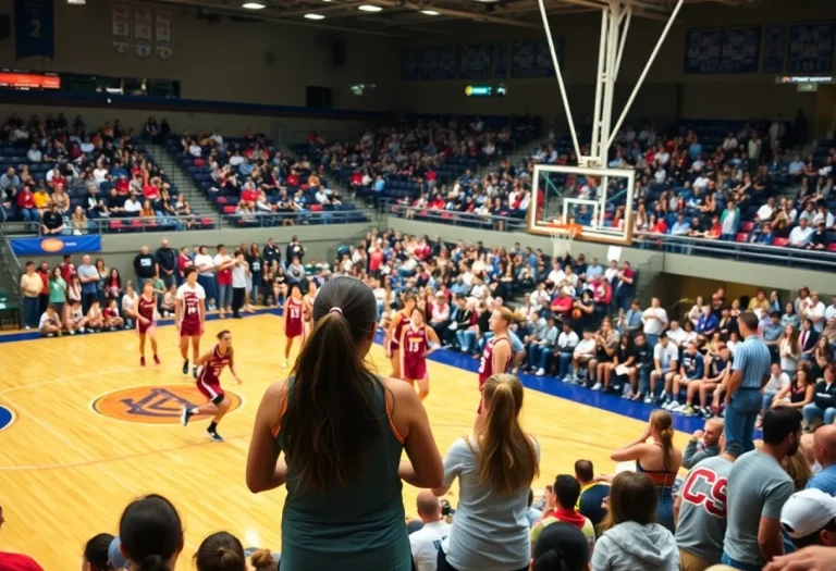 Exciting moment from the Minnesota girls basketball tournament with teams competing on the court.