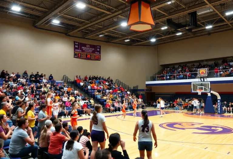 Fans cheering at the Minnesota high school girls basketball tournament