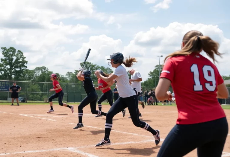 High school softball players in action during a game in Mississippi.