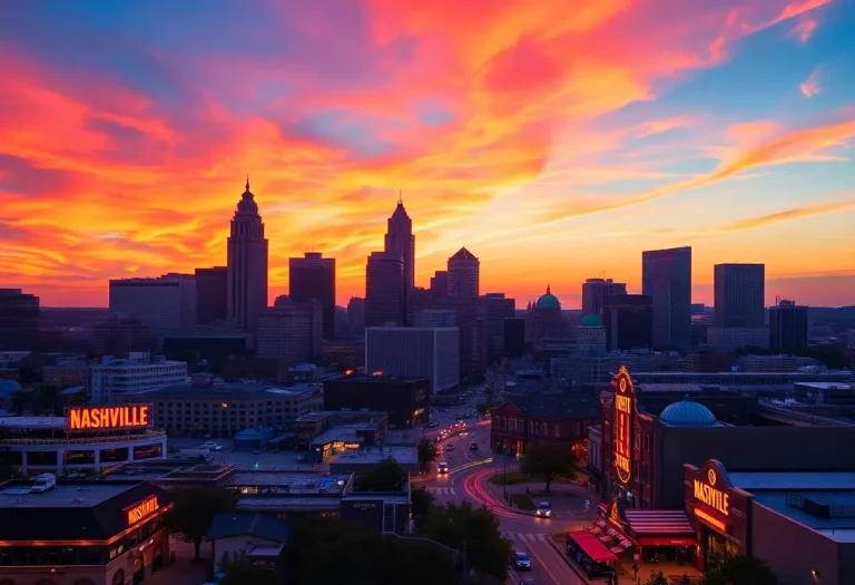 Nashville city skyline at sunset with lively bars and music venues