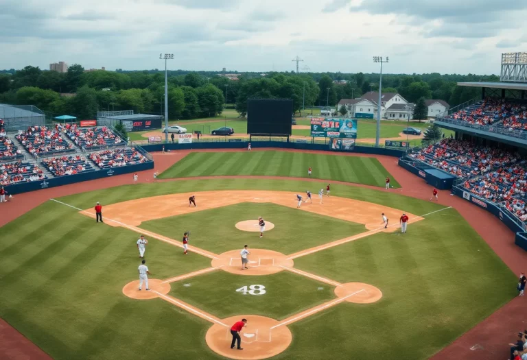 A busy high school baseball field with players and fans engaging in the game.