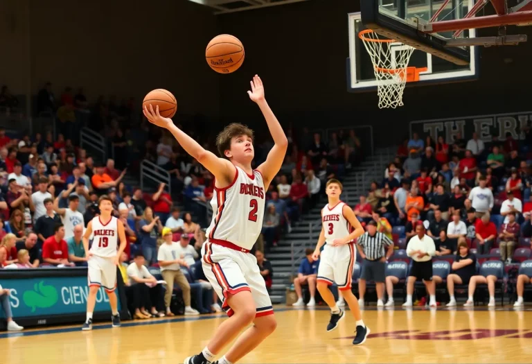 High school basketball players competing during a district finals game in Nebraska