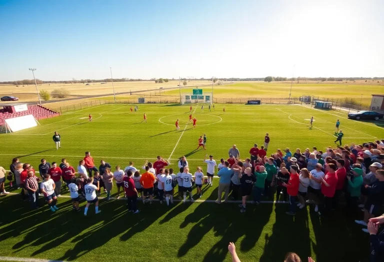 Soccer players and fans at a high school soccer field in Nebraska