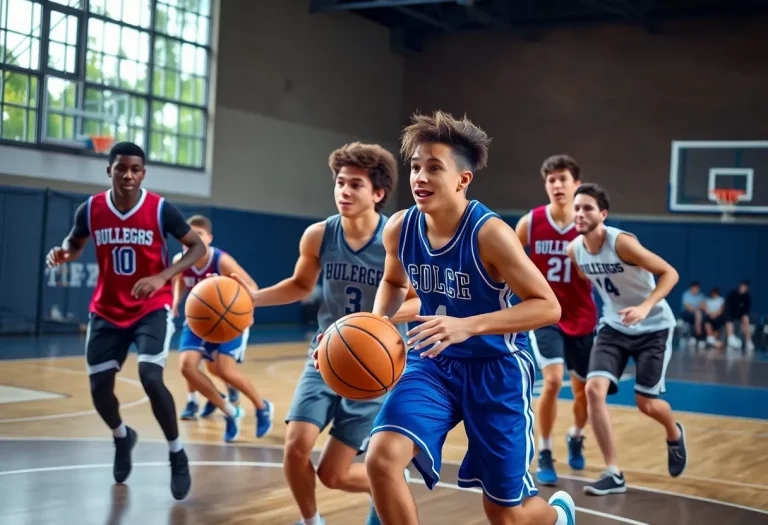 Young college basketball players on the court