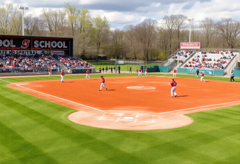 Scene of a high school baseball field with players and fans