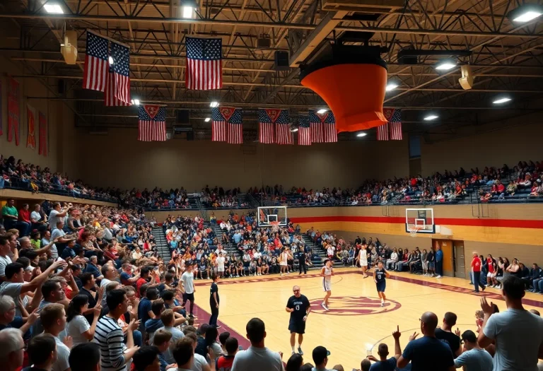 Excited fans in a North Carolina high school basketball gymnasium during a game