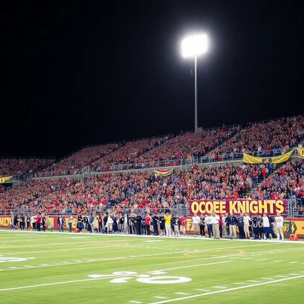 Ocoee Knights football team playing a game in a vibrant stadium