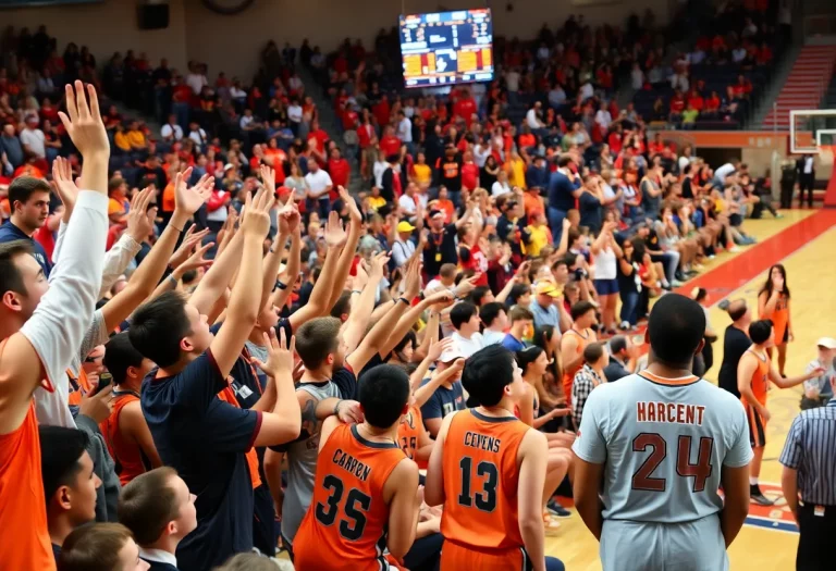 Fans cheering at the Ohio High School Basketball Championships in Columbus.