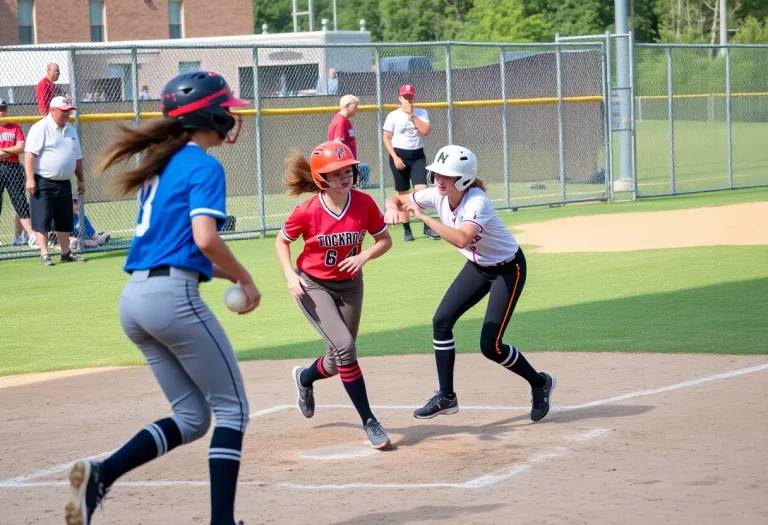 Students playing softball during a high school game in Ohio