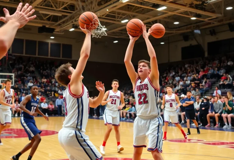 High school basketball players on the court in playoff action