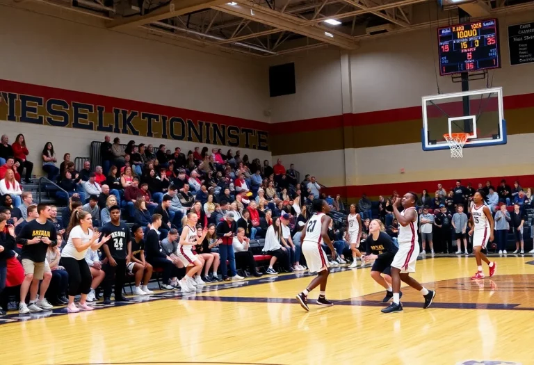 Players competing in an exciting high school basketball playoff game