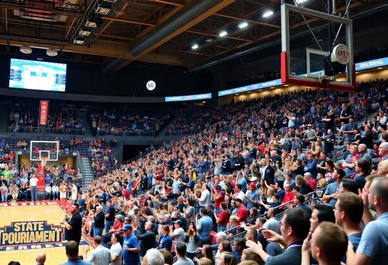 Fans in a basketball arena cheering during a tournament