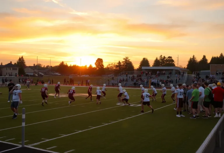 Scenic football field at sunset with players and fans