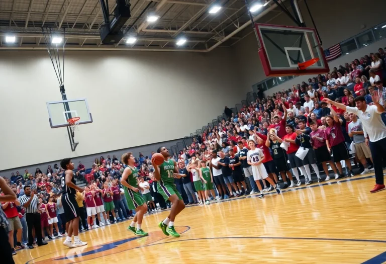 Exciting scene of Oregon high school basketball playoffs in action.