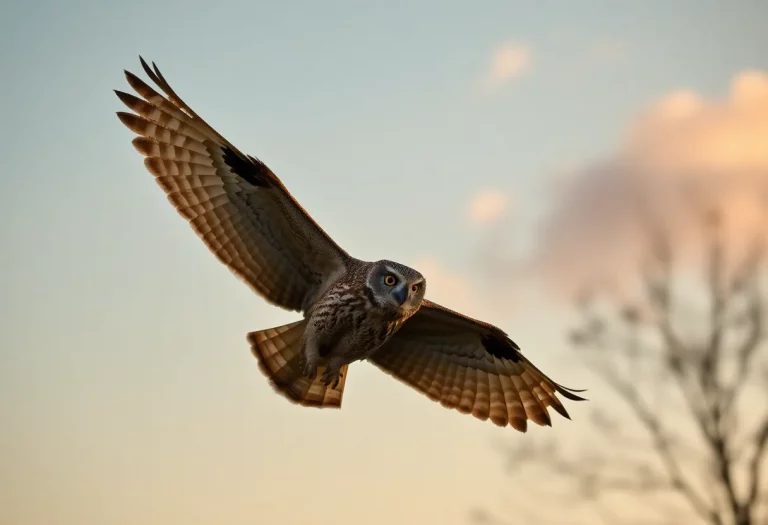 Owl flying in the sky after rescue from netting