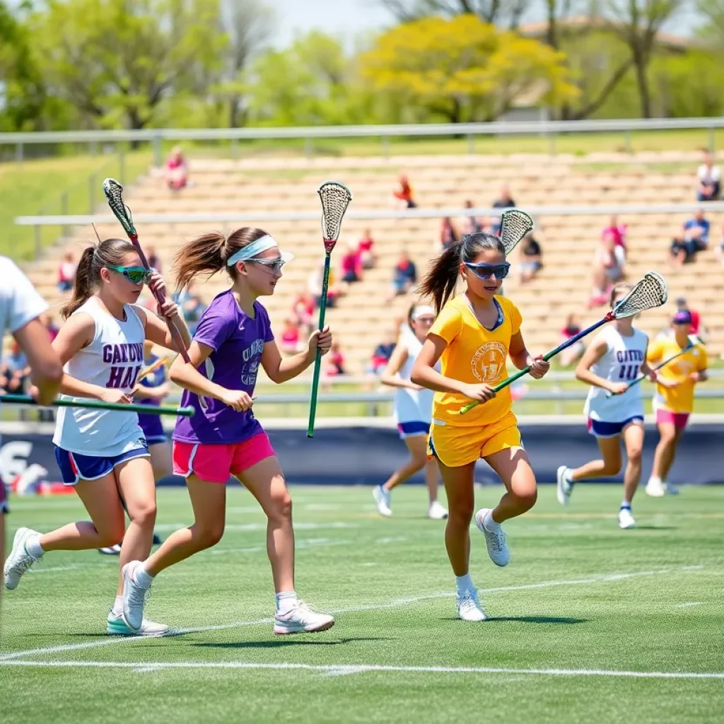 Girls playing lacrosse on a sunny field in Pensacola