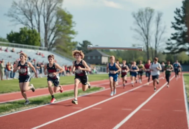 Athletes competing in a high school track relay race with batons.