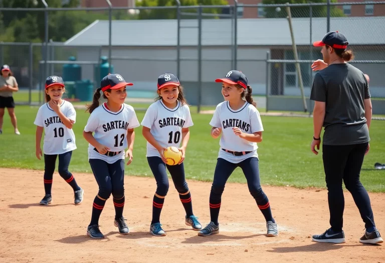 Reed High School softball team members practicing on the field with several twins.