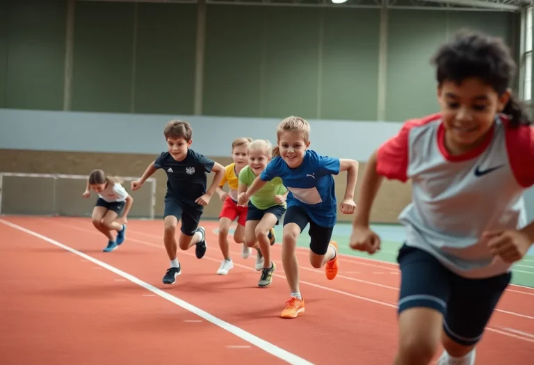 Young athletes competing in a relay race, emphasizing teamwork and safety.