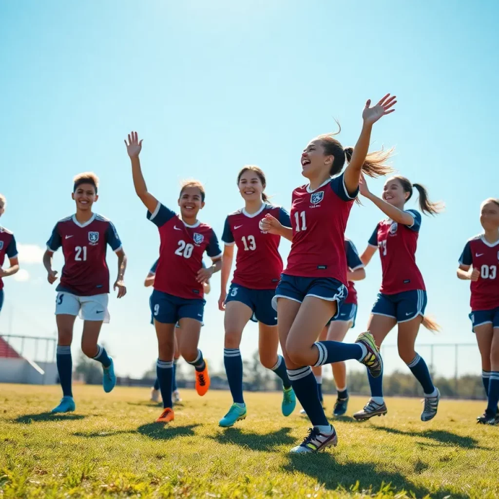 High school soccer player celebrates a goal with teammates