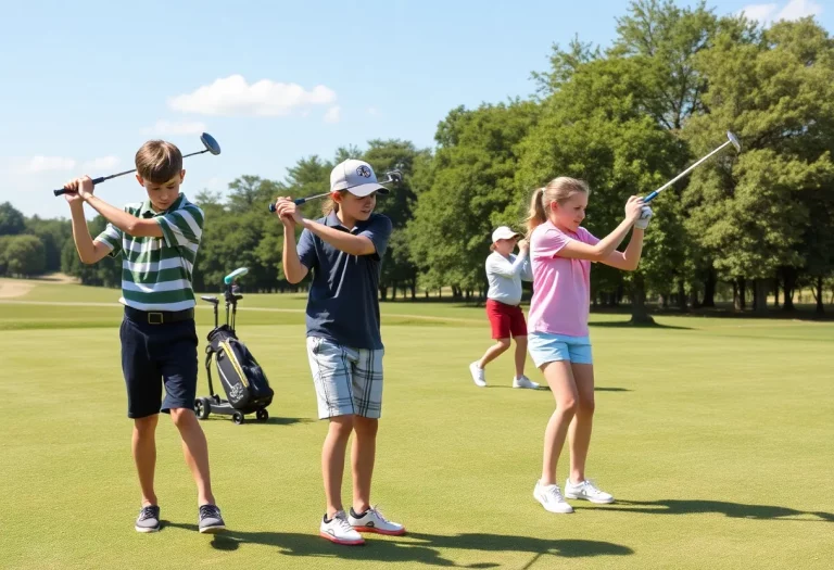 Young golfers practicing on a lush green course