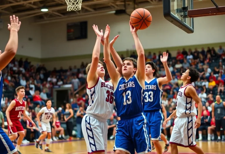 High school players in action during Senior Boys All-Star basketball game.