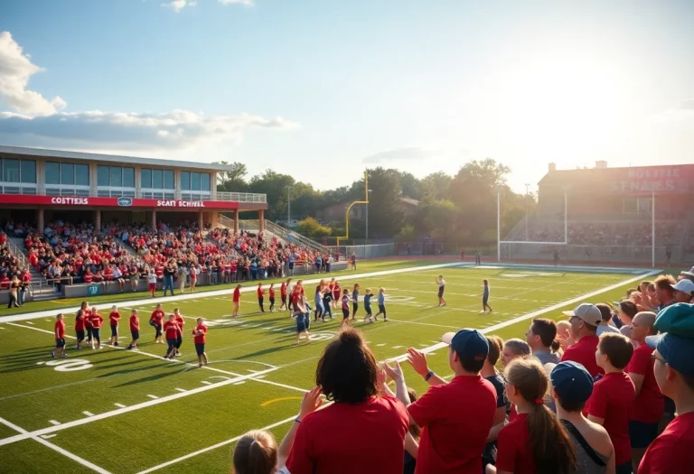 High school football field with fans and players