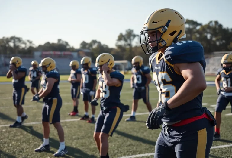 High school football players practicing on the field