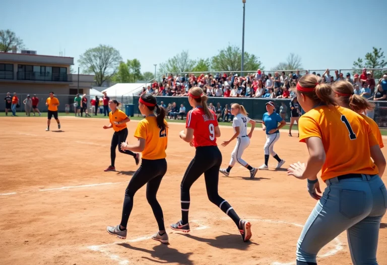 High school softball players in action during a game