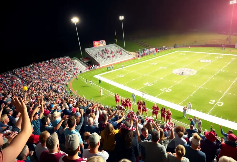 Crowd cheering at high school football game with cheerleaders