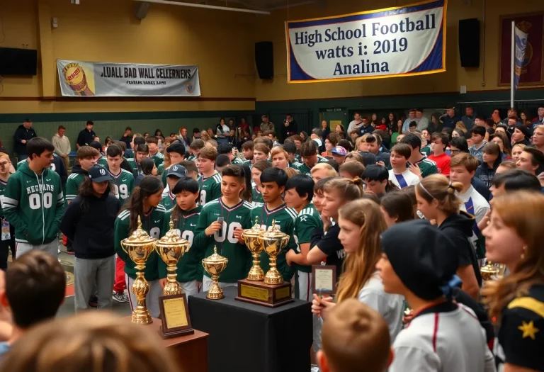 Group of young athletes and coaches celebrating at the Staten Island football awards ceremony.