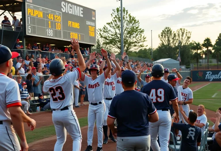 Players from Stigler High School celebrating a historic win during a baseball game.