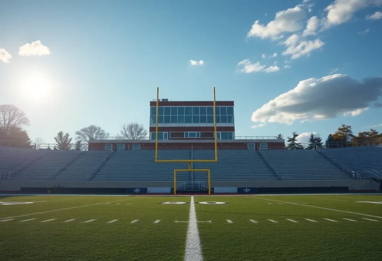 Empty high school football field with goalposts under sunlight