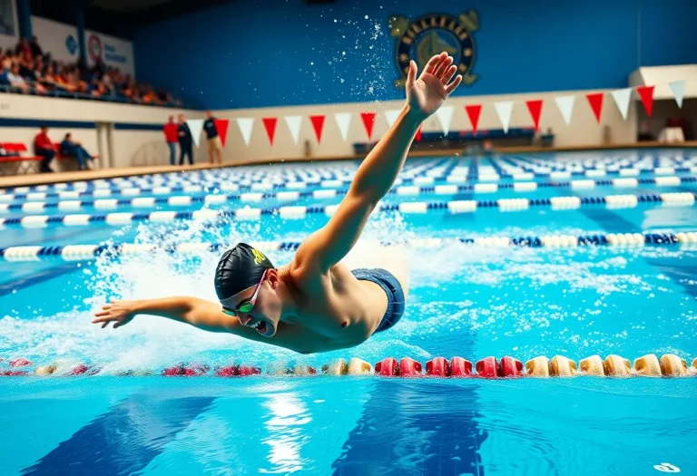 Swimmer diving into a pool during a signing ceremony