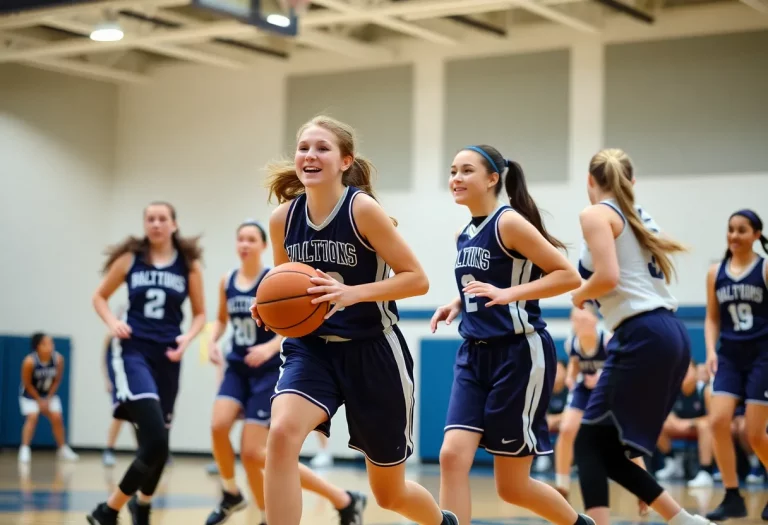 Girls basketball players competing in a high school game in Tennessee.