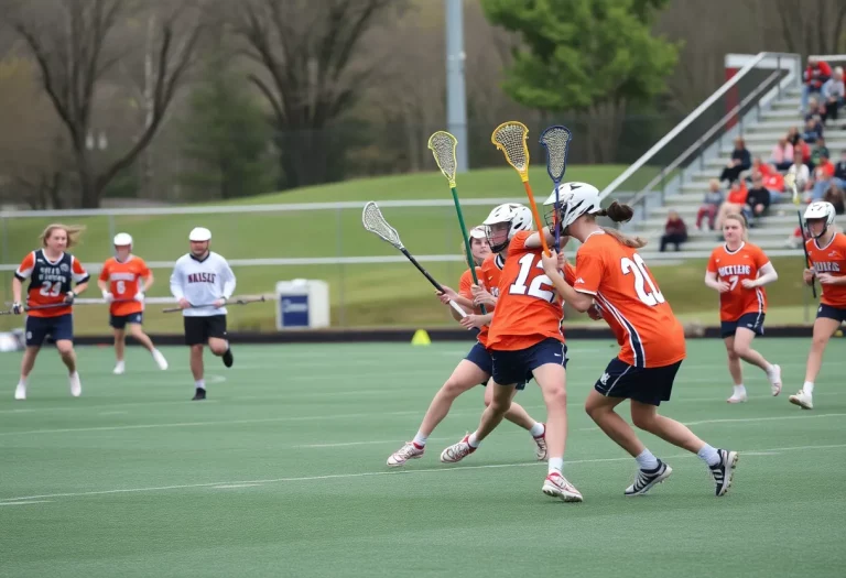 Players competing in a lacrosse match in Tennessee, showcasing teamwork and dynamic movement.