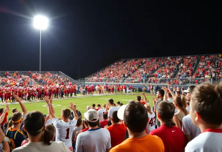 Exciting scene from a Texas high school football game with fans cheering